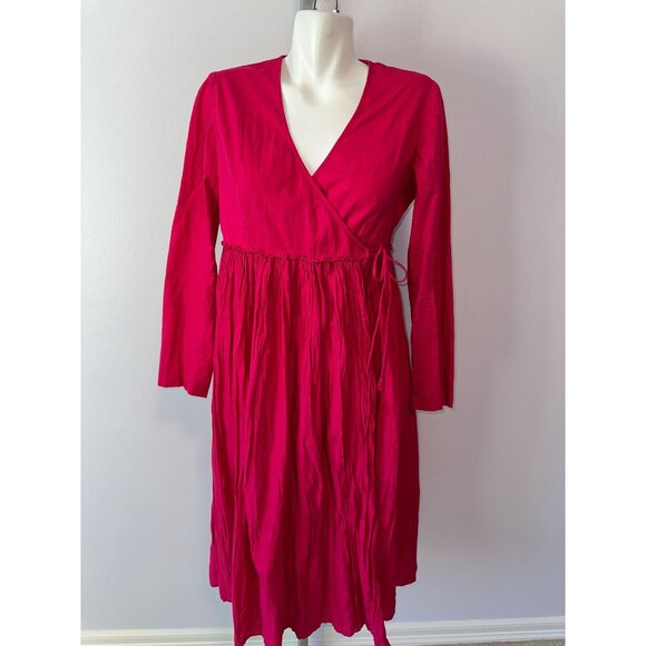 Nicobar Womens Pink Wrap Long Sleeve Crinkle Pleat Dress Size Medium Cotton - Picture 7 of 7